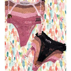 Juicy Couture L Lace Pink-Brown Array Of Colors Logo No-Line Thong Panties-5 Pk